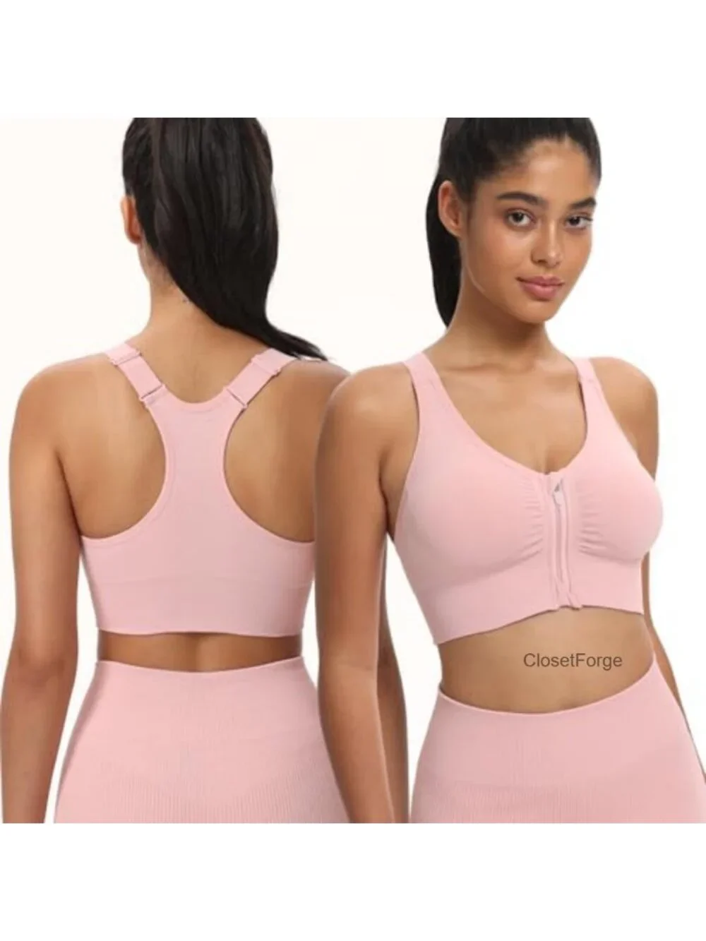Zip Front Sports Bra Adjustable Racerback Medium Support Padded Seamless Yoga